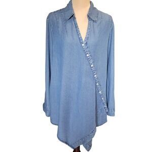 Chambray Asymmetrical Button Wrap Front Tunic Top XL Lagenlook Artsy Roll Tab